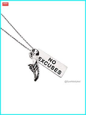 Pewter NO EXCUSES Pendant with Running Shoe Charm 18" Stainless Steel Necklace